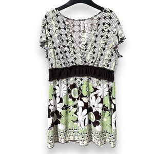 Vintage 90s Gitano Green Brown Floral Patterned V-Neck Retro Mod Dress Size XL